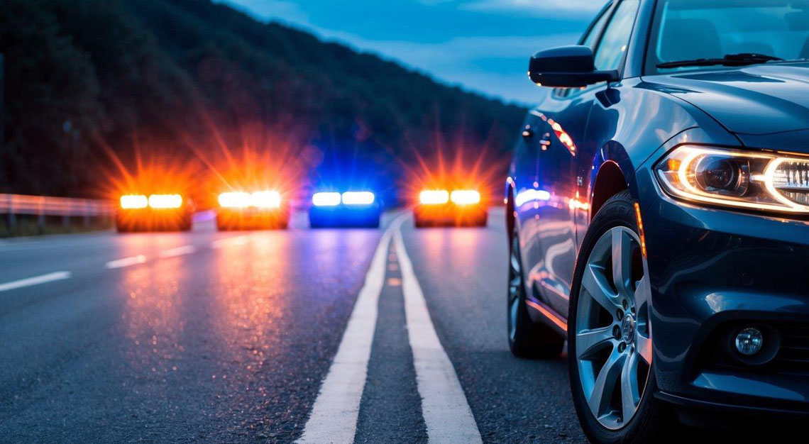 A car parked on the side of the road with flashing police lights behind it