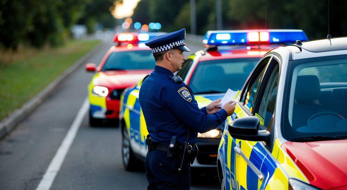 A car parked on the side of the road with a red and blue police car behind it. The driver is being given a ticket by a police officer