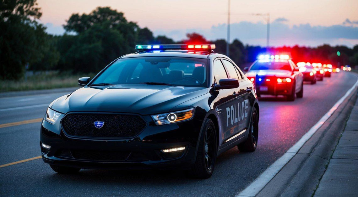 A car parked on the side of the road with a red and blue police car behind it, flashing lights reflecting off the surrounding area