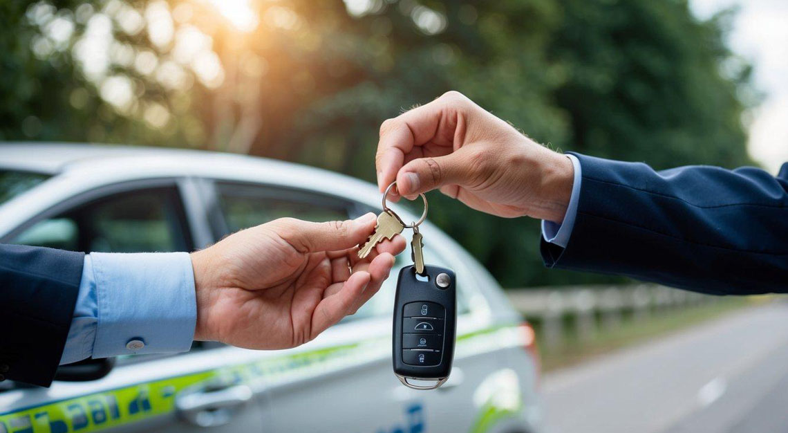 A car key being handed over to a stern-looking police officer