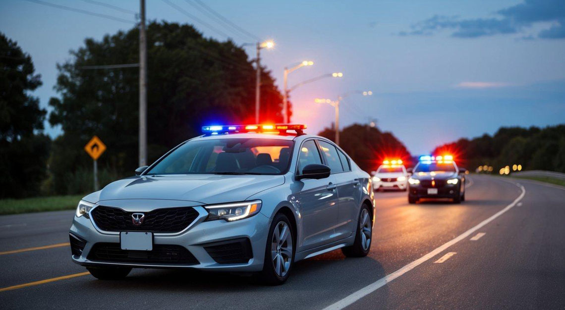 A car parked on the side of the road with police lights flashing behind it