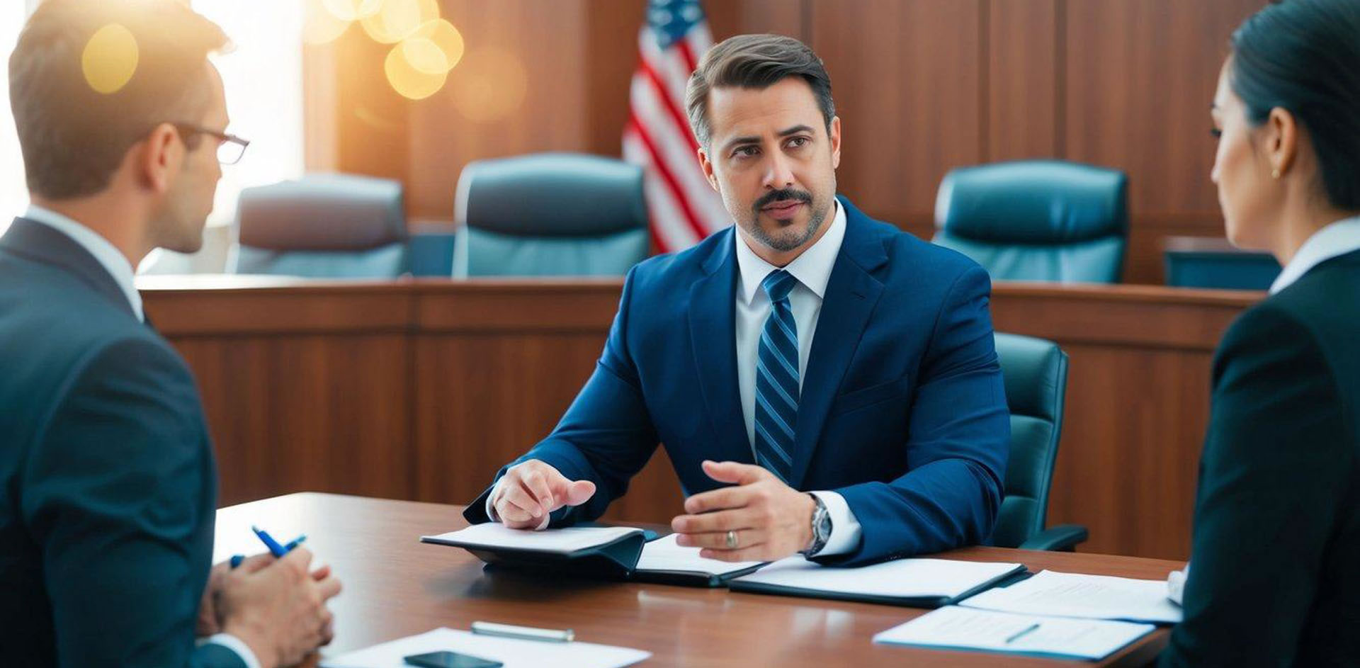 A DUI lawyer discussing terms with a prosecutor in a courtroom in Arizona