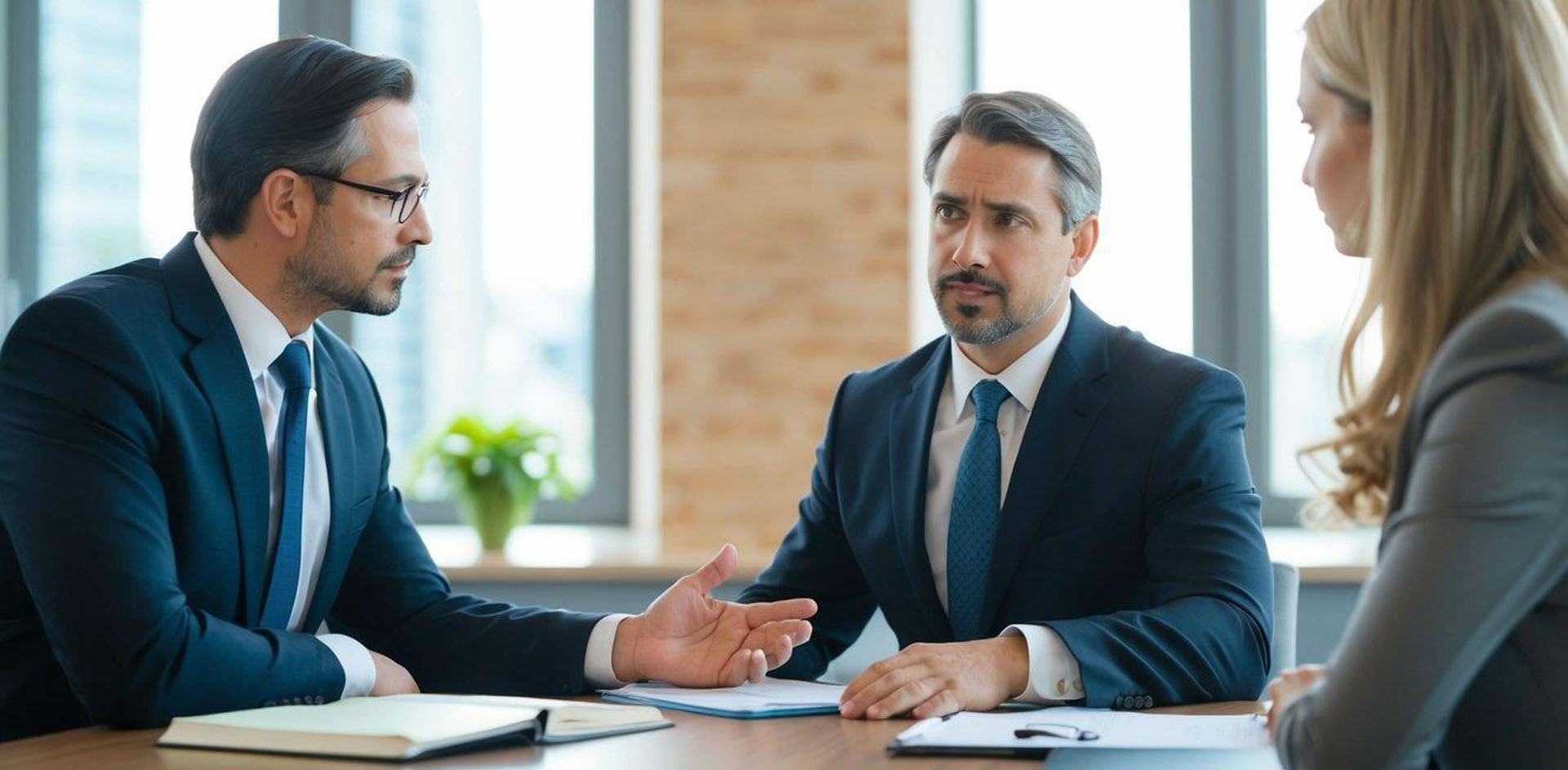 A lawyer and client discussing plea deal options in a courtroom or law office setting