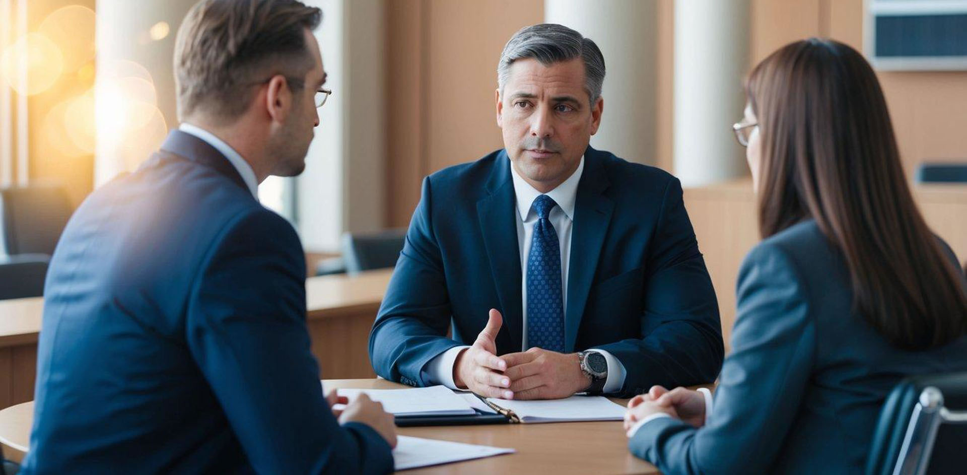 A DUI lawyer discussing a plea deal with a client in a courtroom setting